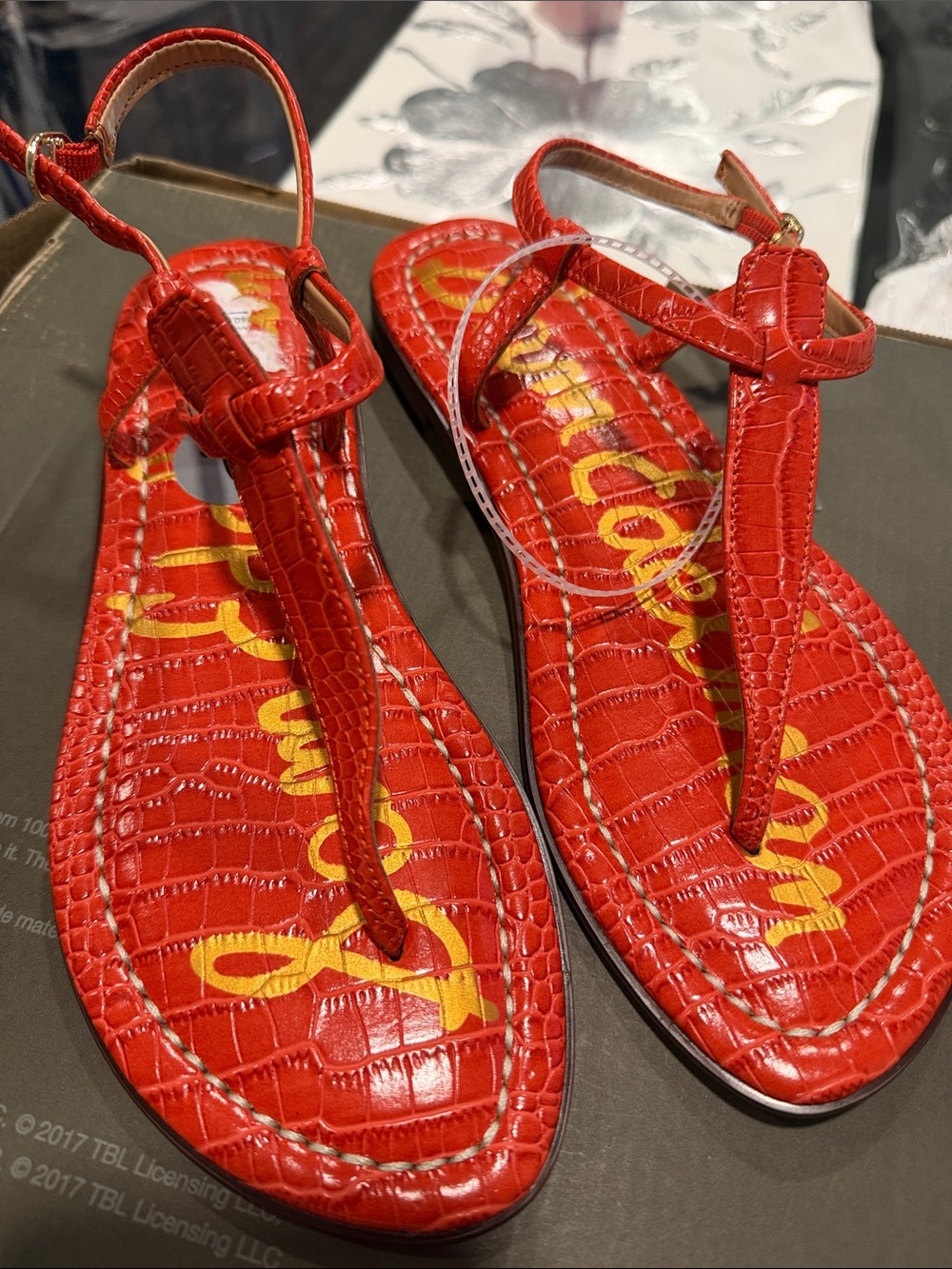 Sam Edelman Red Croc-Embossed T-Strap Sandals